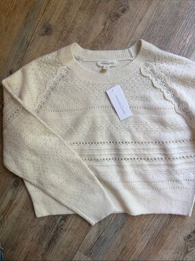 Treasure & Bond Cream Eyelet Lace-Trim Crew Sweater